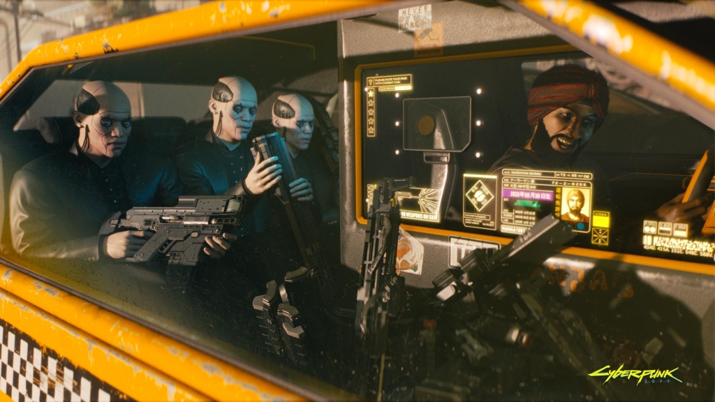Cyberpunk 2077 passageiros robôs dentro de um taxi