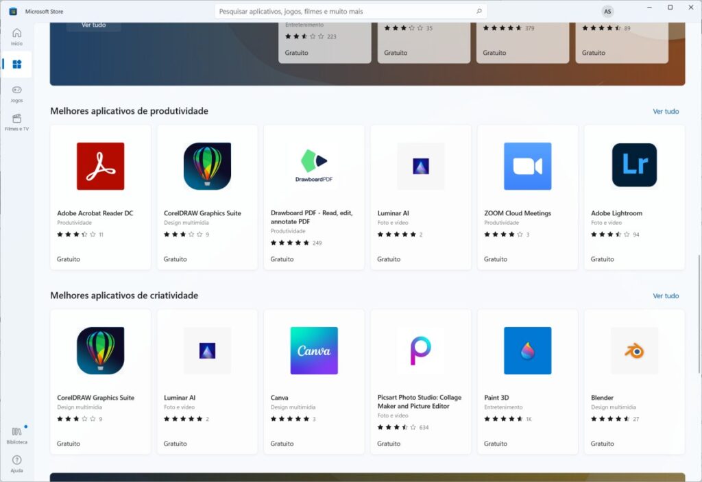 Aplicativos famosos na Microsoft Store