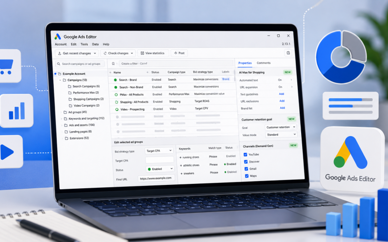 Atualização do Google Ads Editor 2.13 traz suporte a AI Max em campanhas de Shopping
