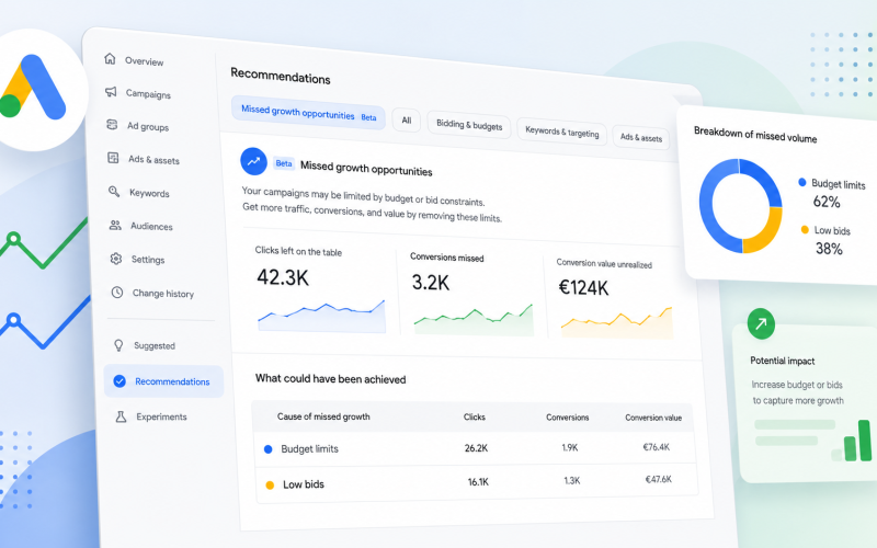 Google Ads integra oportunidades de crescimento na aba de recomendações