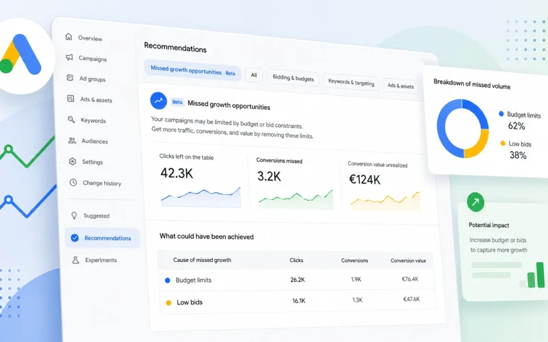 Google Ads integra oportunidades de crescimento na aba de recomendações