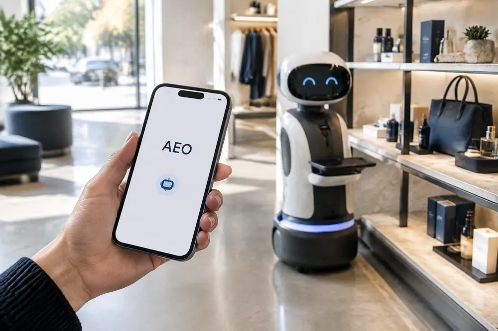 AEO: Como a Optimização Para Respostas de IA Transformará o Marketing Mão segurando smartphone com a sigla "AEO" na tela em primeiro plano, com um robô de atendimento futurista ao fundo em uma loja.